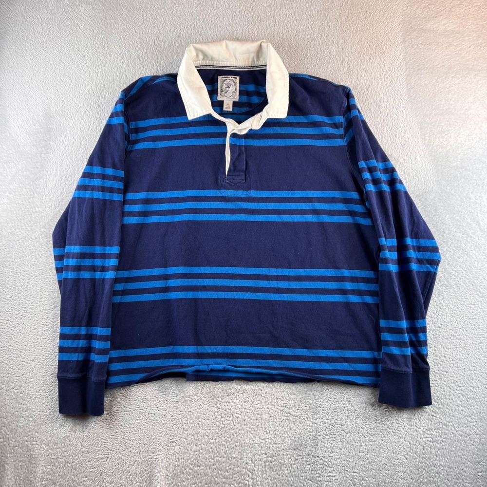 Lands End Mens XL Rugby Shirt Long Sleeve Blue Striped Cotton Jersey Polo